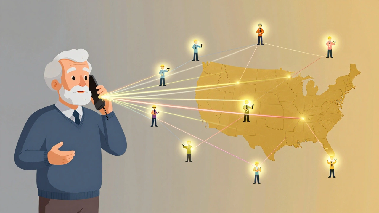 En eldre person snakker på telefonen med en rådgiver, mens lystråder forbinder dem med en nettverk av hjelpere.