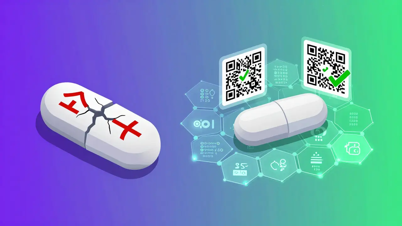 En falsk pille sammenlignet med en ekte pille med blockchain-sikkerhet, vist i kontrasterende farger.