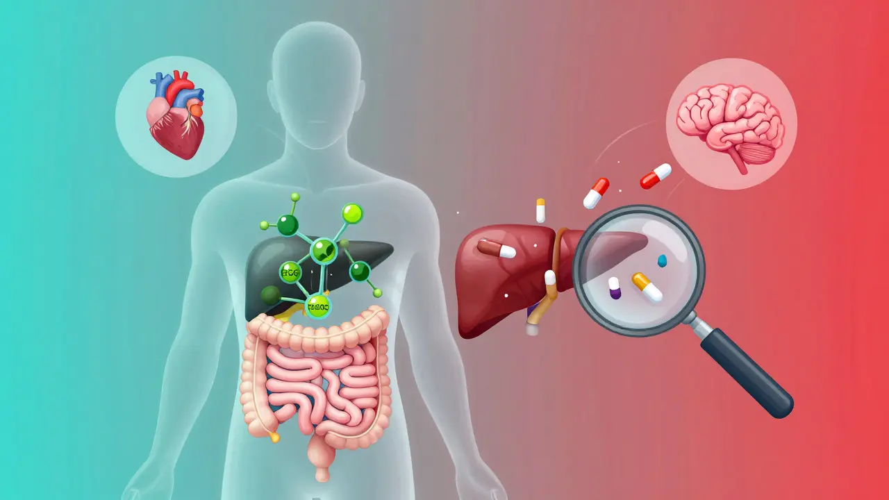 En gjennomsiktig person med molekyler som blokkerer legemiddelopptak i tarm og lever, med farlige interaksjoner vist som røde linjer.