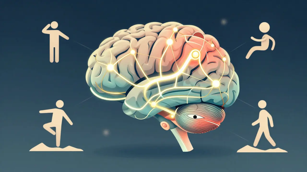 En hjernes figur med lyse nevroner som kobler øre, øyne og føtter.