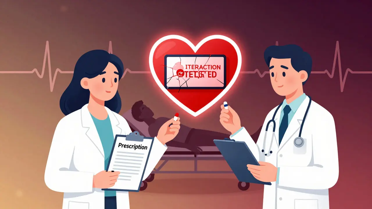 En lege og pasient står foran et rødt STOPP-skilt i form av et hjerte, med en bevisstløs mann i bakgrunnen.