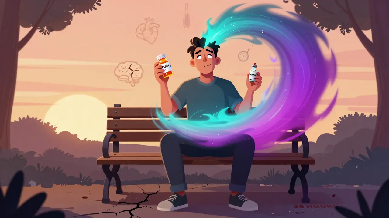 En mann holder Cialis og poppers, mens en mørk vortex drar energi fra ham.