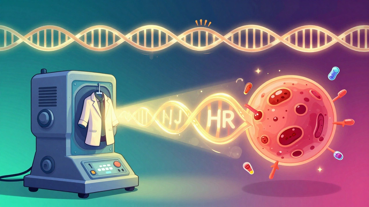 En moderne strålemaskin som former strålen rundt en svulst, mens DNA-reparasjon og immunrespons vises som lyse veier.