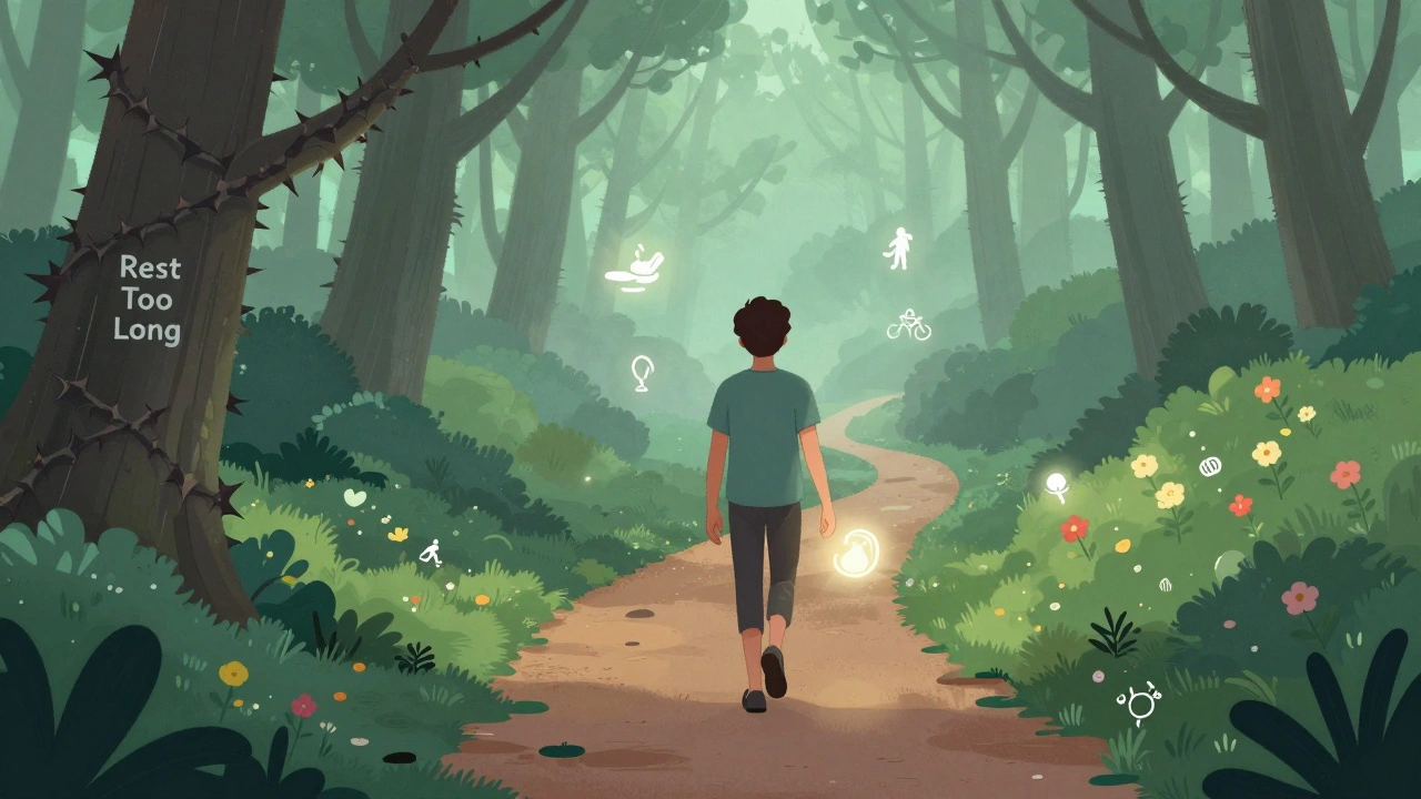 En person som vandrer trygt gjennom en skog, med tegn på aktiv rehabilitering langs veien.