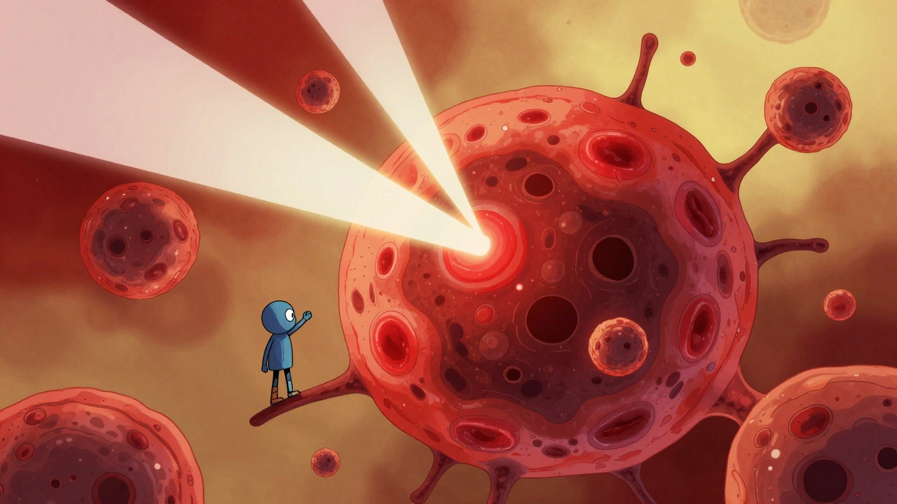 En svulst med lysere, oksygenrike celler som dør og mørkere celler i skygge, med immunceller som nærmer seg.