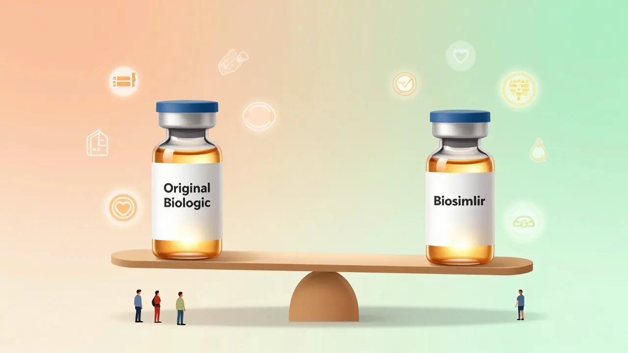 En vekt balanserer originalt biologisk legemiddel og biosimilar med like gullgrønne gløder.
