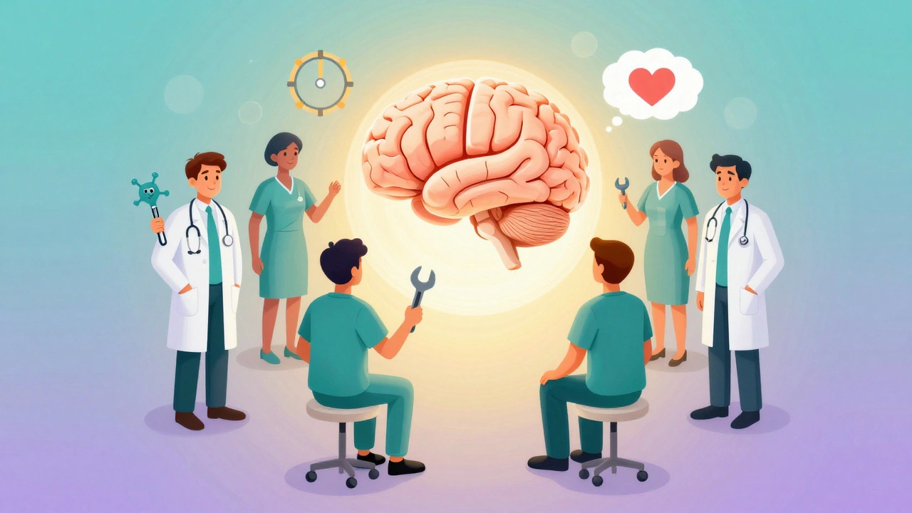 Et flerfaglig team som samarbeider for å hjelpe en hjernen å gjenopprette seg.