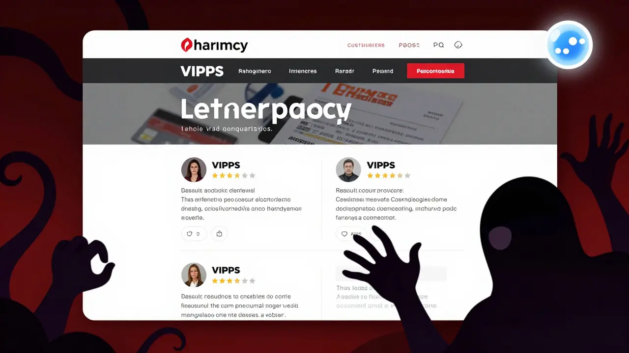 Falskt nettapotek med falske sertifiseringer som stjeler pasientdata i mørke skygger.