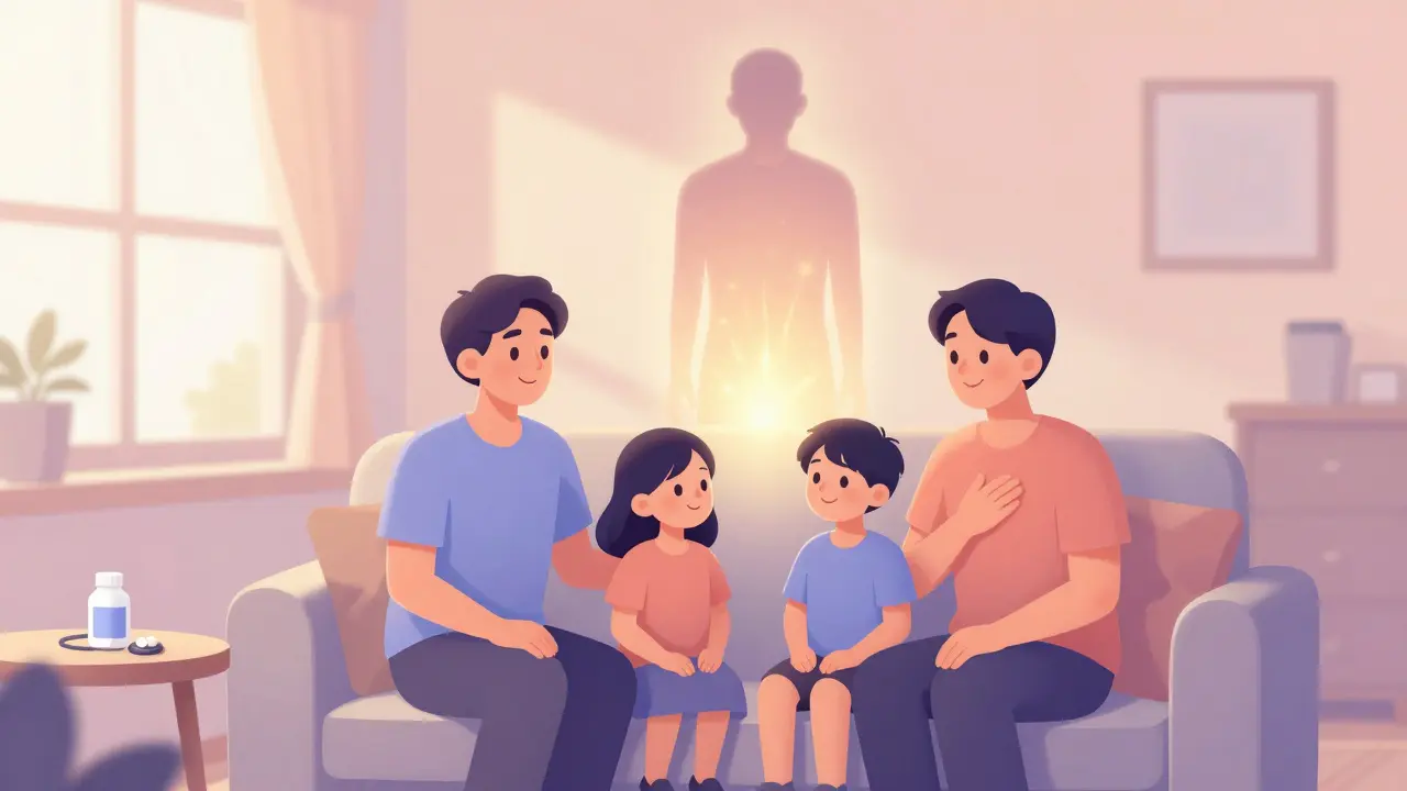 Familie i rommet mens en hallucinasjon forsvinner i gulllys, tegn på gjenoppretning.