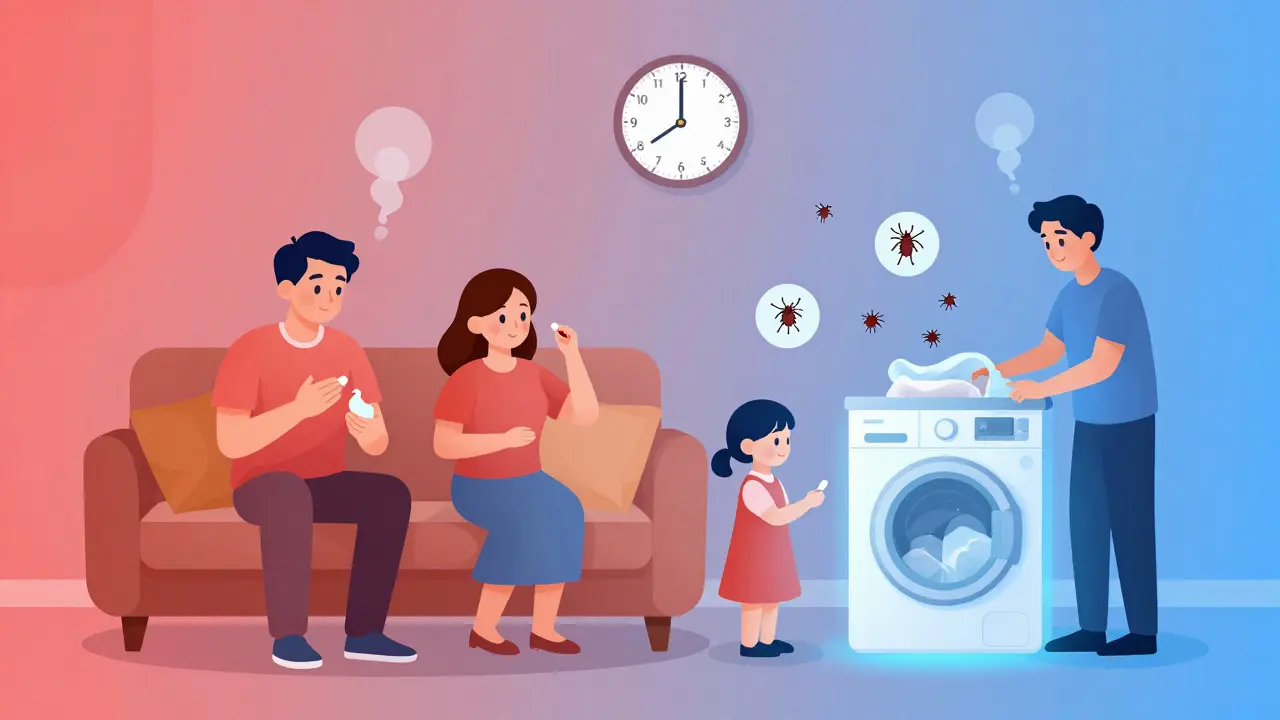 Familie som behandler skabb og lus sammen med vask og medisiner