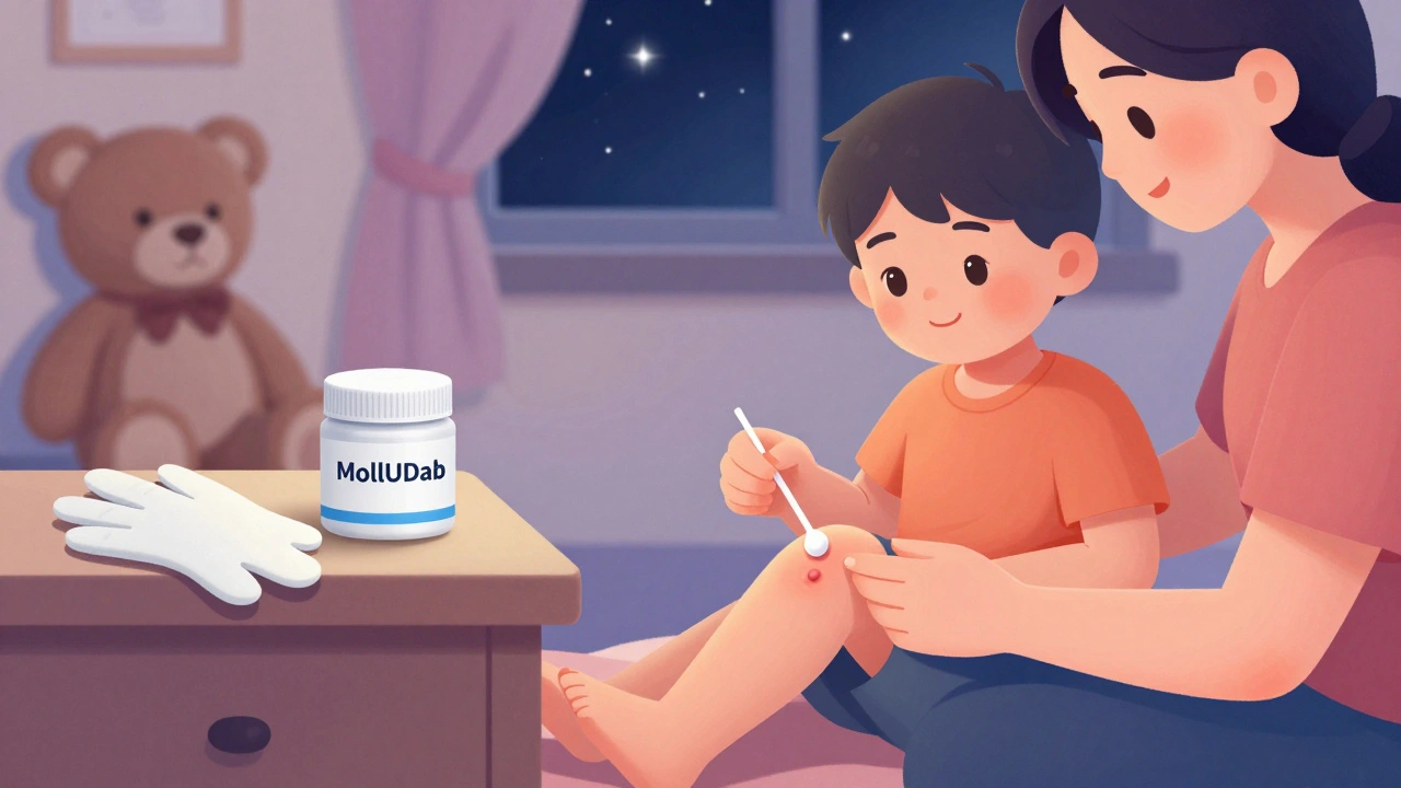 Forelder som behandler en molluscum-vekst med en lokal løsning, med nattens handsker og salve i bakgrunnen.