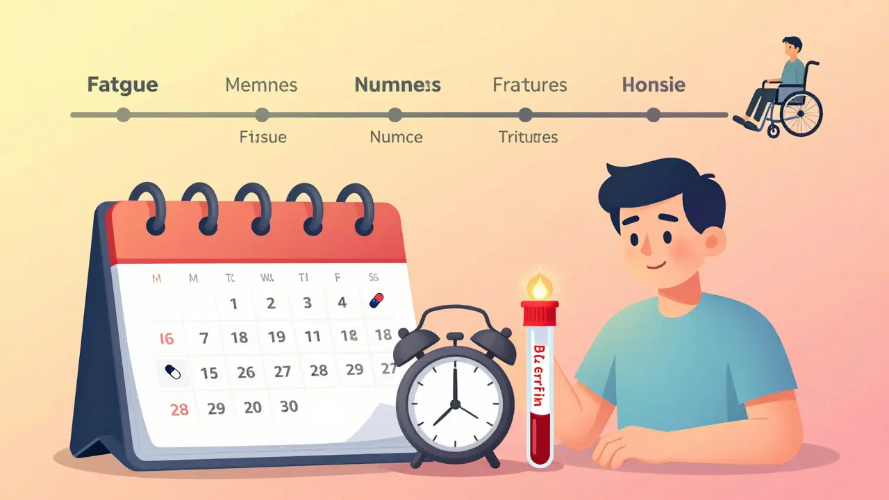 Kalender med piller og blodprøve, viser konsekvenser av å ikke ta vitaminer.