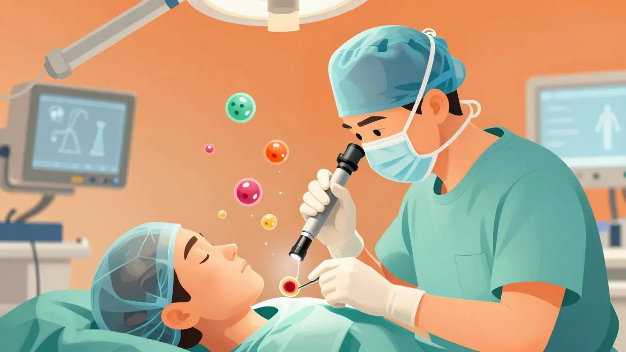 Kirurg utfører transsphenoidal kirurgi gjennom nesen for å fjerne en liten tumor i hypofysen, med gløder av kortisol som forsvinner.