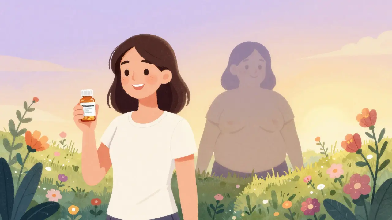 Kvinne som har gjenopprettet seg etter kirurgi for Cushing-syndrom, smiler i solen, mens skyggen av dens tidligere tilstand forsvinner.