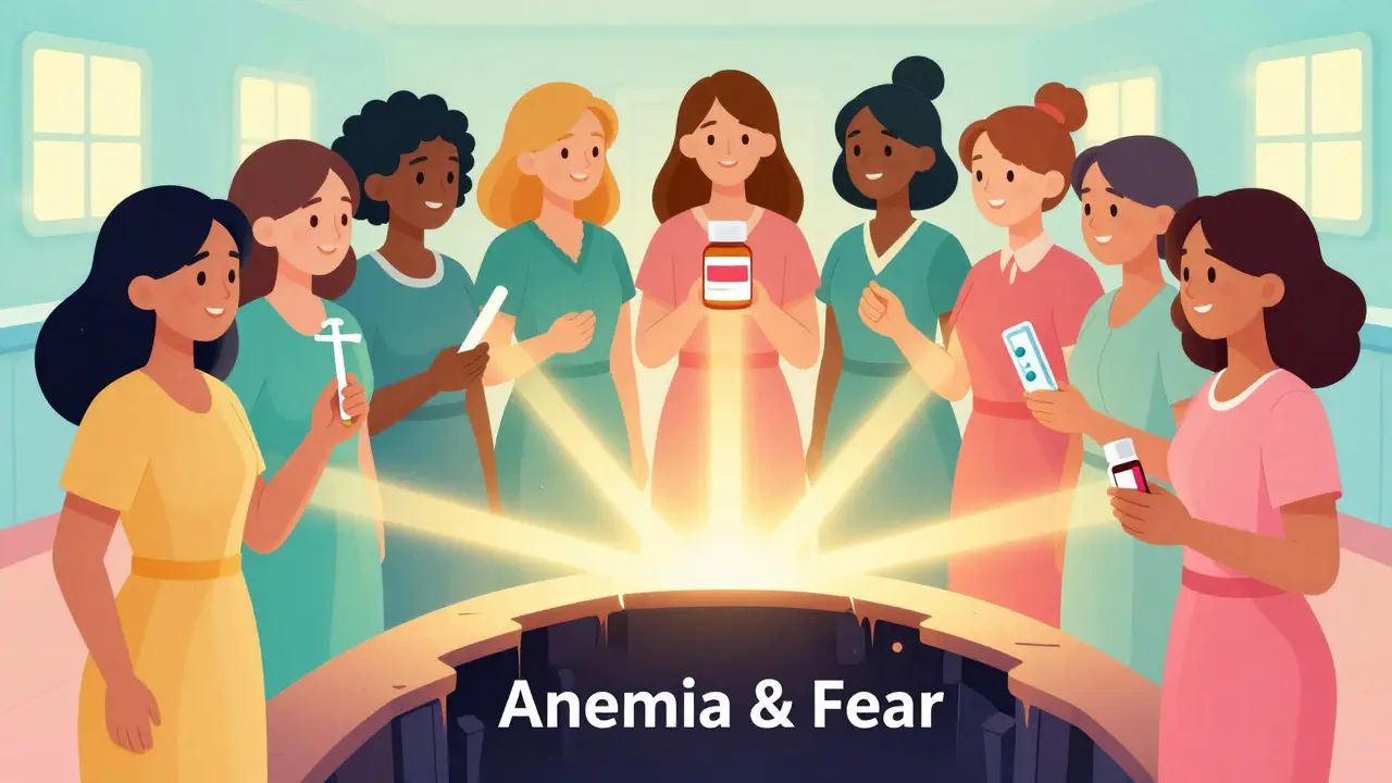 Kvinner står sammen med behandlingsalternativer, lys bryter gjennom mørke som representerer lidelse.