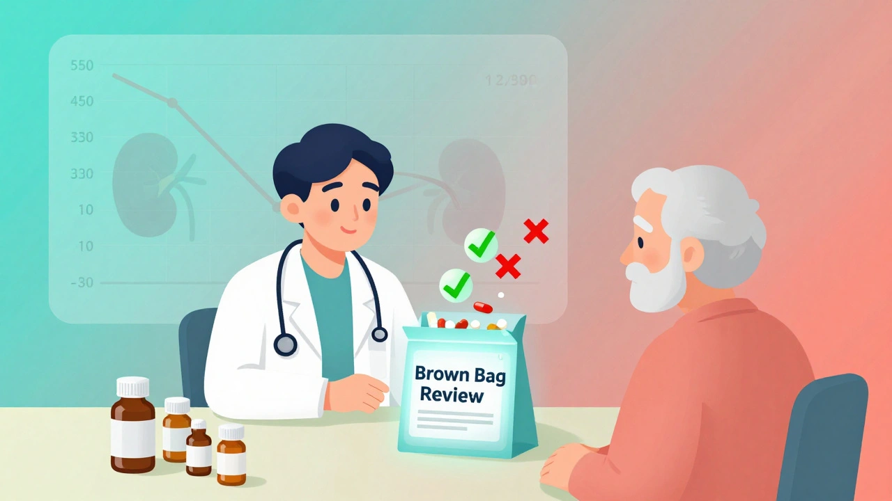 Lege og pasient gjennomgår medisiner i en &#039;Brown Bag Review&#039; med grønne og røde symboler for nødvendighet og fare.