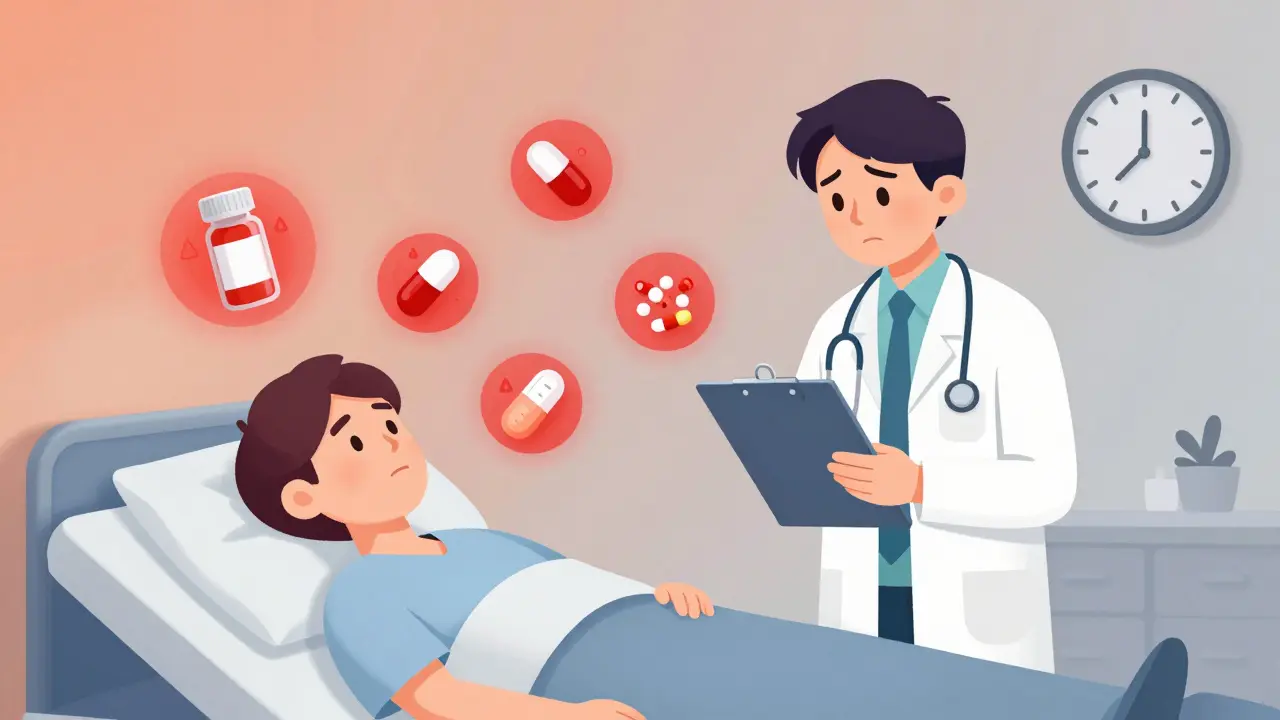 Lege og pasient i sykehus, omgitt av legemidler som utløser psykose med varselstegn.