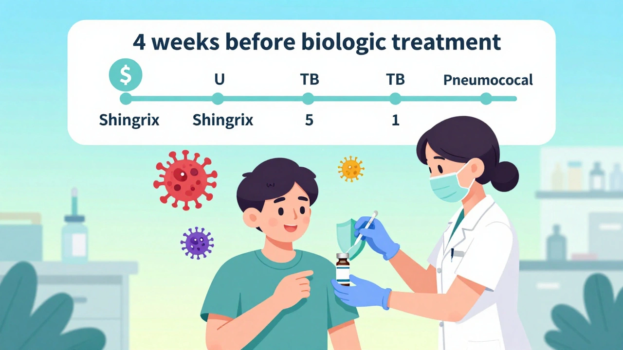 Pasient mottar to vaksiner, Shingrix og pneumokokk, med tidslinje før biologisk behandling.