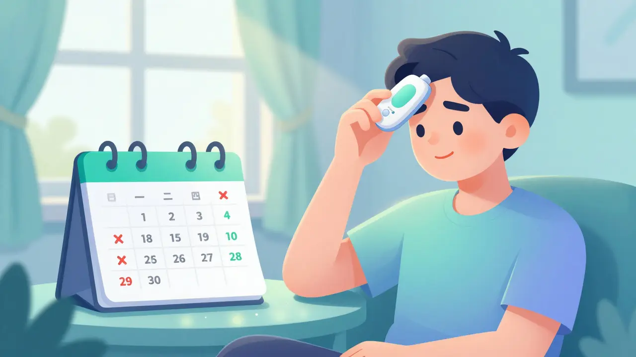 Person bruker Cefaly-apparat på panden i rolig rom med daglys.