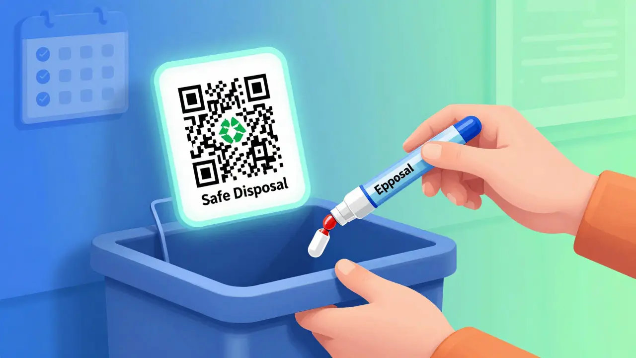 Person kaster utgåtte medisiner i apotekets returnerboks.