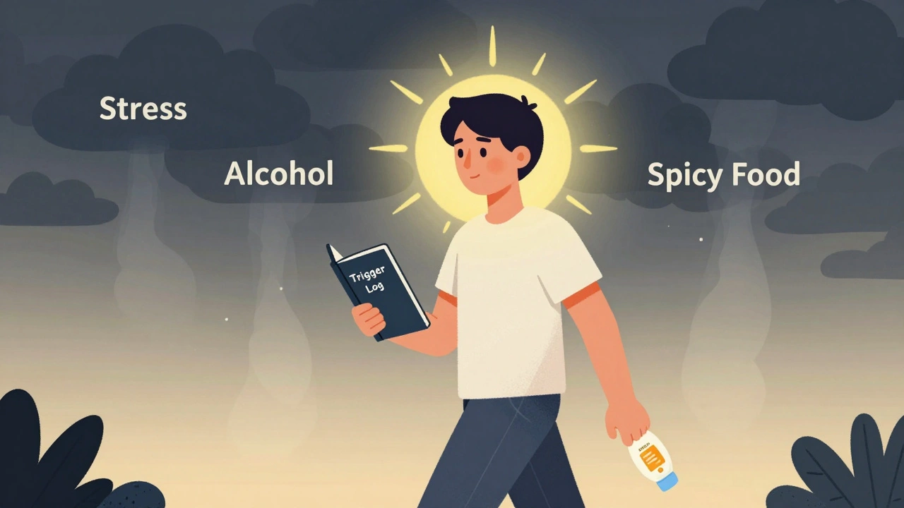 Person som går i solen med hudpleierutine, utløsere forsvinner som skyer.