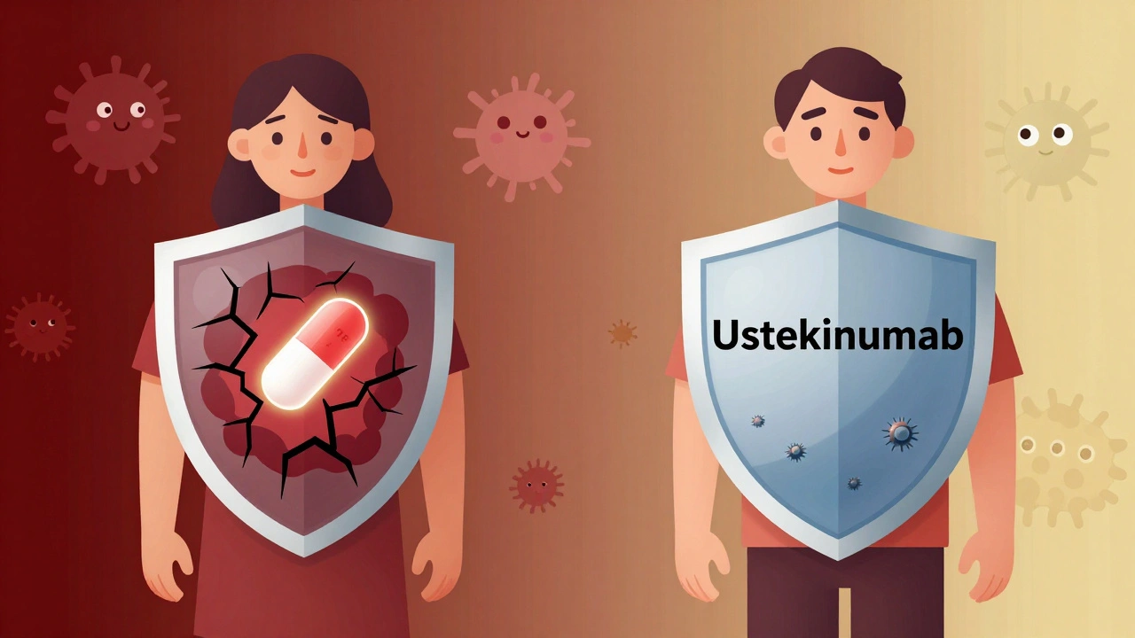 Sammenligning av risiko: TNF-hemmer med svekket immunforsvar vs. Ustekinumab med beskyttet skjold.