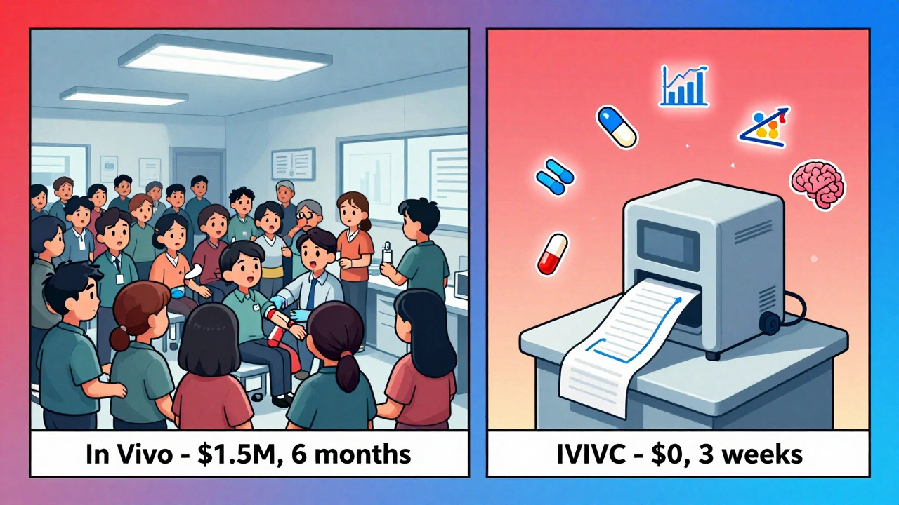 Sammenligning mellom dyre, tidkrevende blodprøver og en enkel laboratorietest med IVIVC, vist som to parallelle veier.