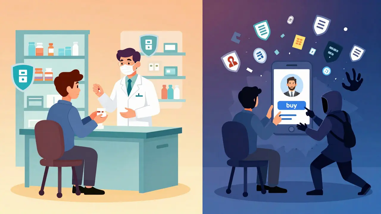 Sammenligning: trygt apotek med apoteker vs. farlig nettsted der data blir stjålet.
