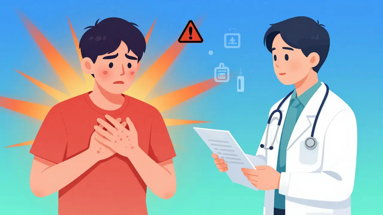 Split scene: en person med alvorlige bivirkninger på venstre side, samt samme person i samtale med lege på høyre side.