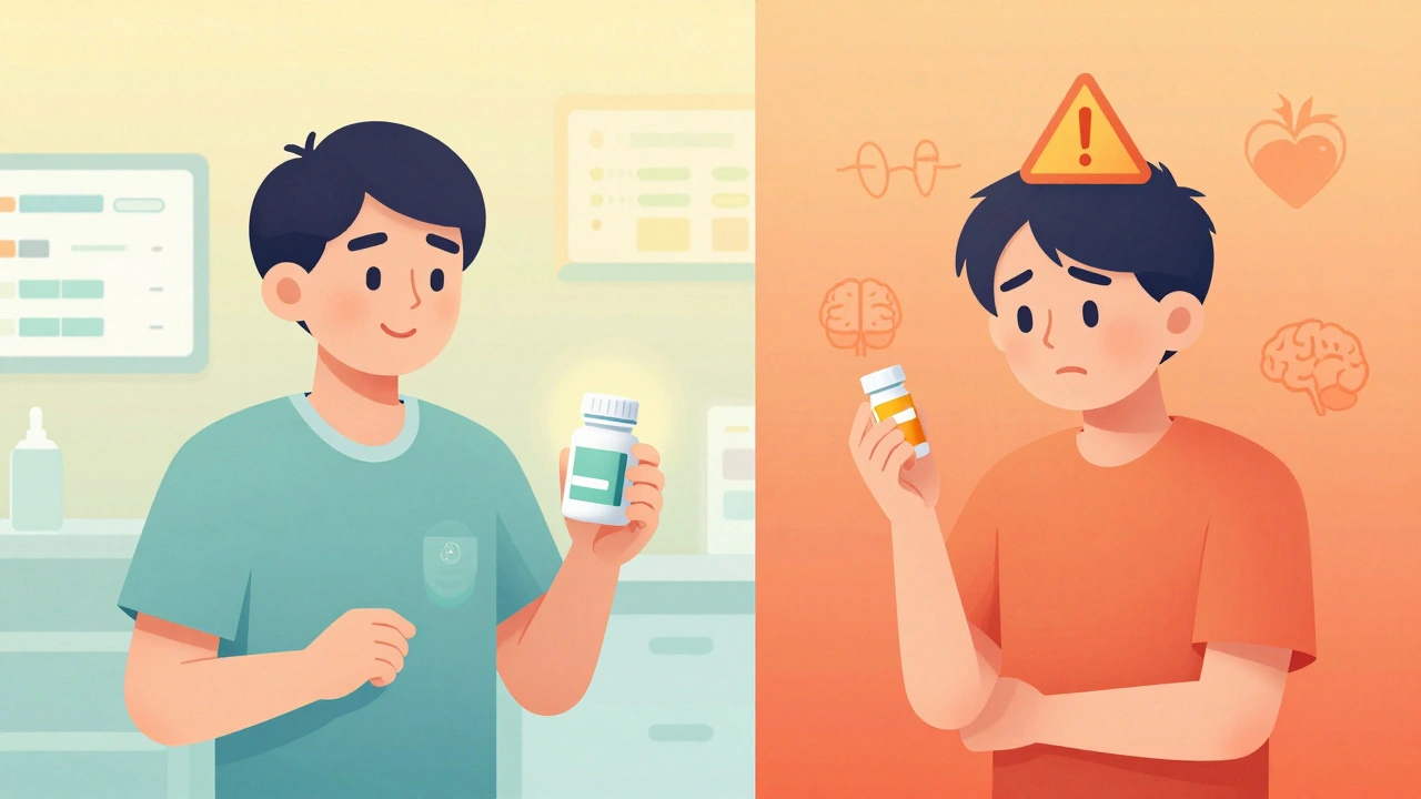 To pasienter reagerer ulikt på legemiddelbytte: en fornøyd, en bekymret, med symboler for helse og risiko.