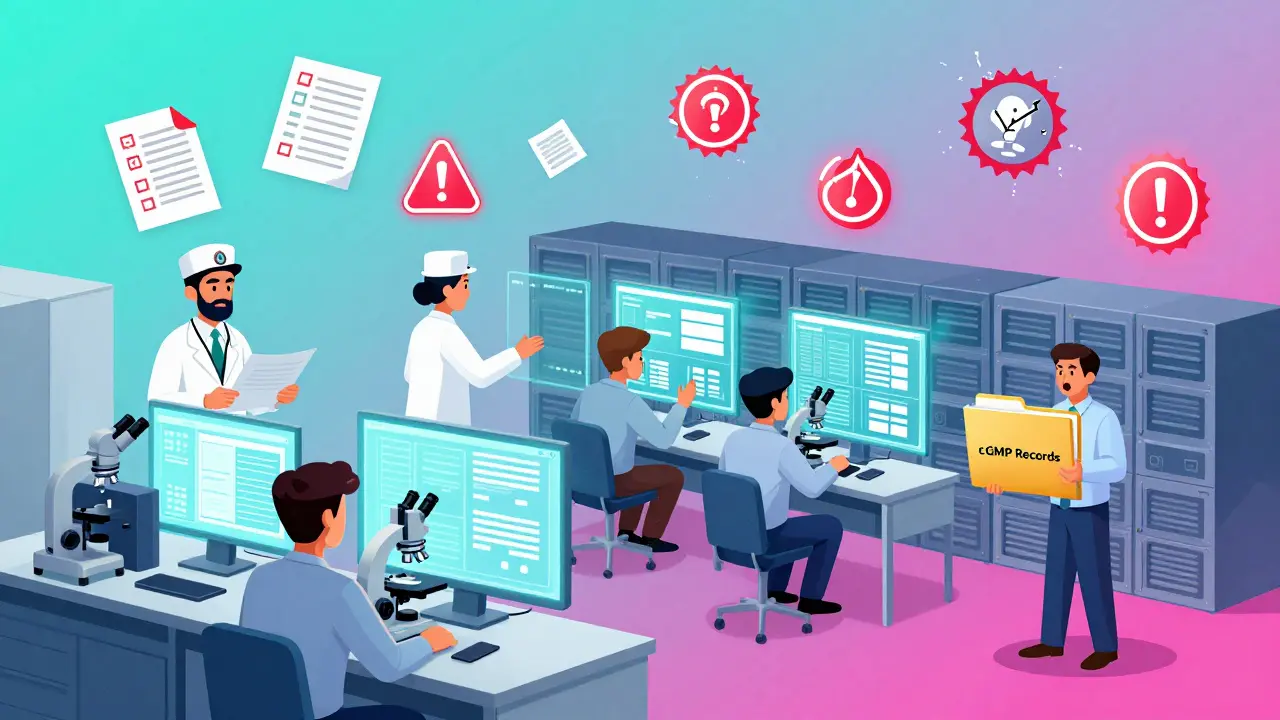 Utenlandsk fabrikk med FDA-agenter som inspisere dokumenter, mens arbeidere forsøker å skjule informasjon.