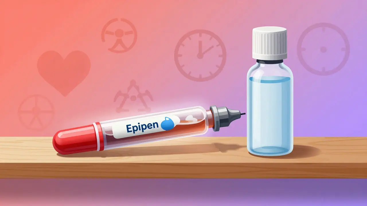 Utgått EpiPen med brun væske sammen med ny, klar pen.