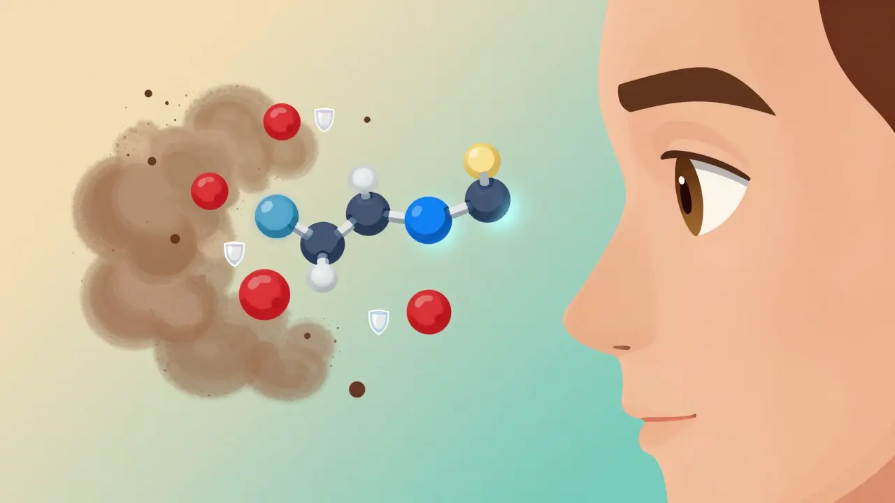 A nose and eye with desloratadine molecules blocking allergens and reducing inflammation, compared to loratadine's simpler action.