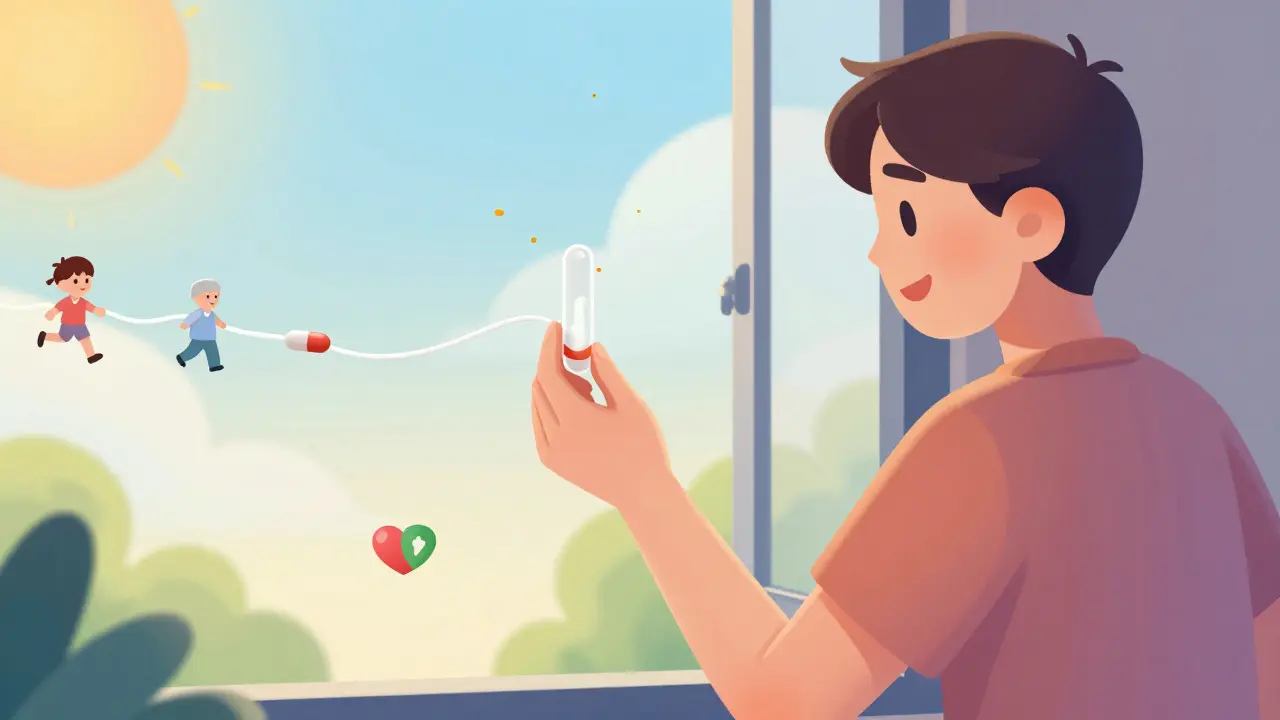 A person enjoying fresh air with desloratadine providing full-day relief, while loratadine's effect fades faster.