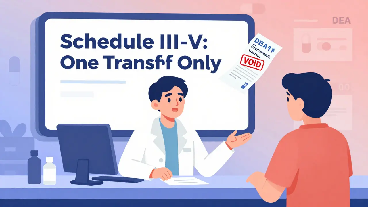 Apotekar forklarer til pasient at en kontrollert resept bare kan overføres én gang.