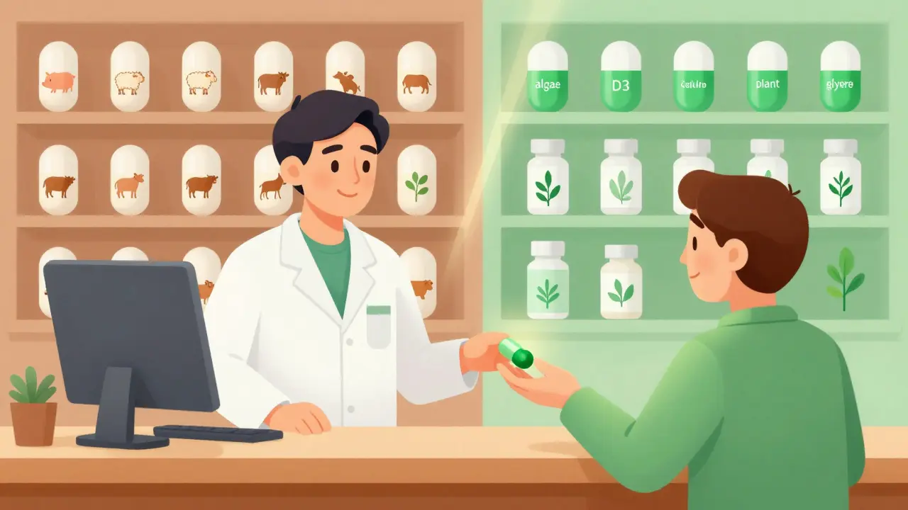 En apoteker gir en patient en vegansk kapsel, mens hyllene bak dem viser kontrasten mellom dyre- og plantebaserte medisiner.