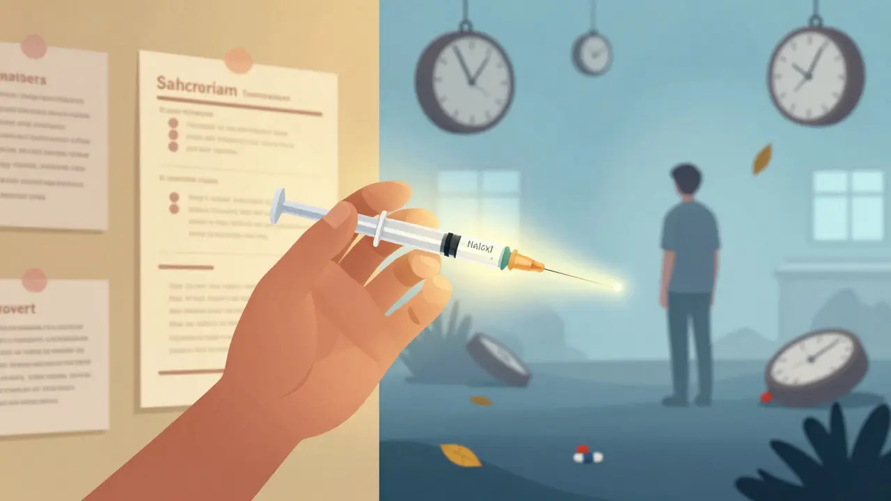 En hånd holder en nalokson-sprøyte mot en dimm landskap av tid og fortabt helse, symboliserer håp og handling.