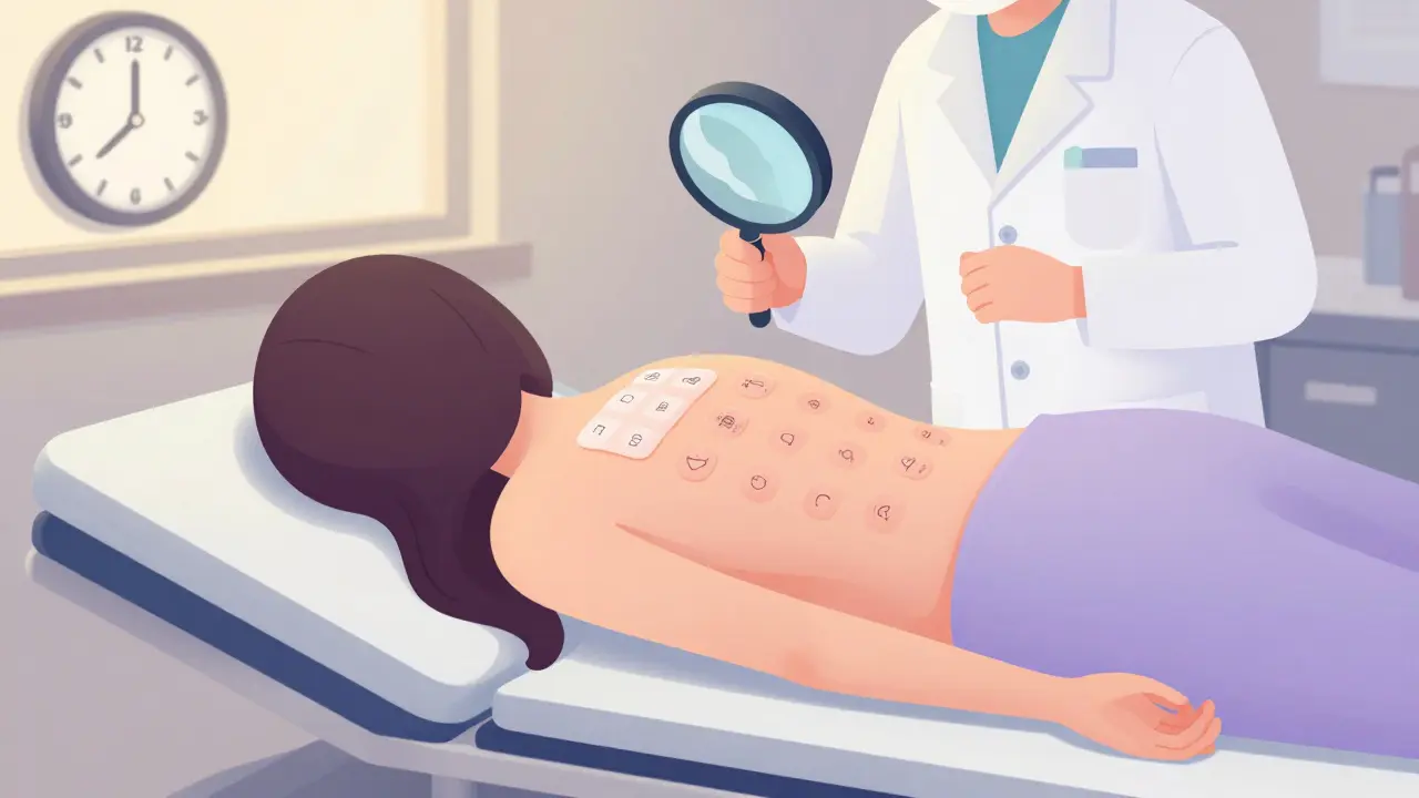 En kvinne med patchtester på ryggen, en lege undersøker huden i en klinikk.