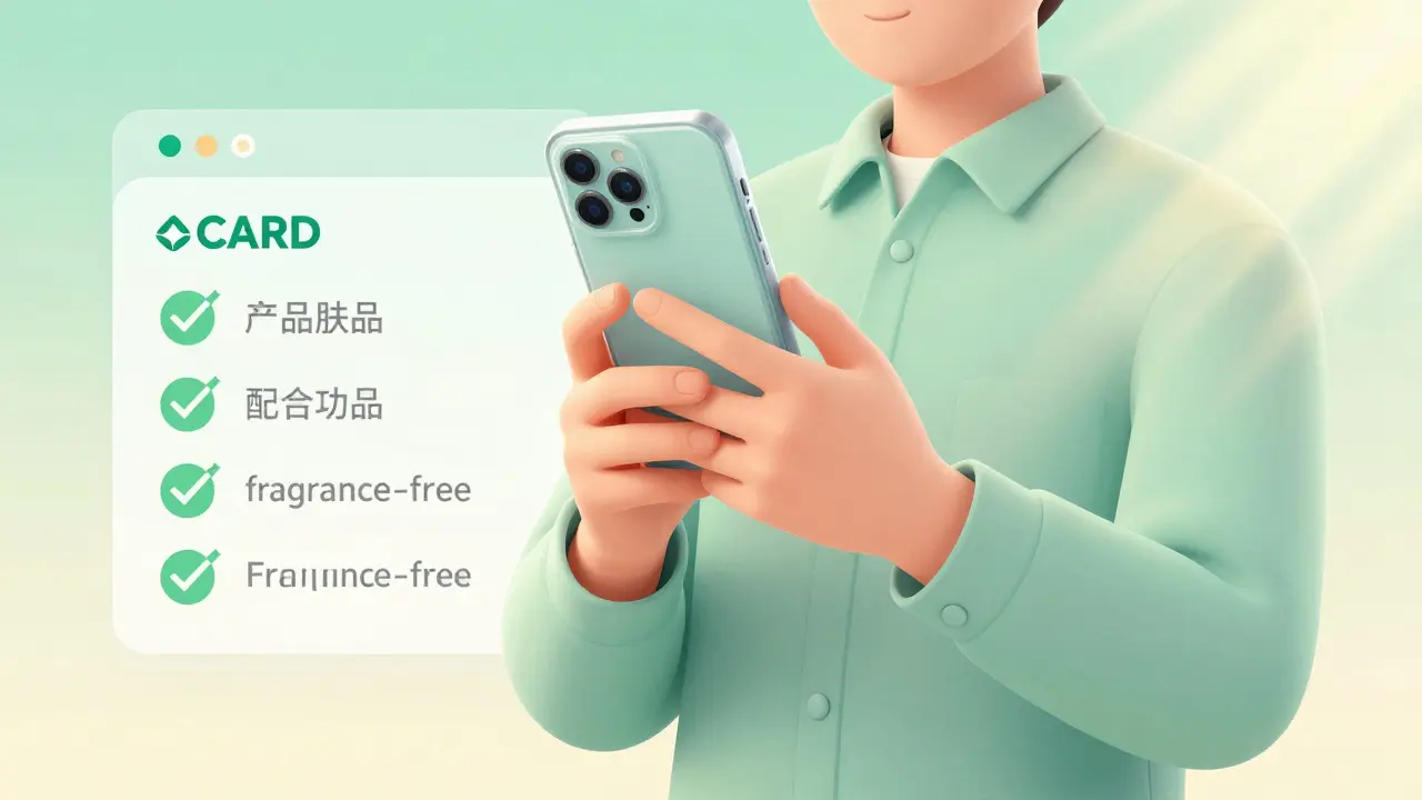 En person bruker trygge produkter og ser på en database med godkjente alternativer.