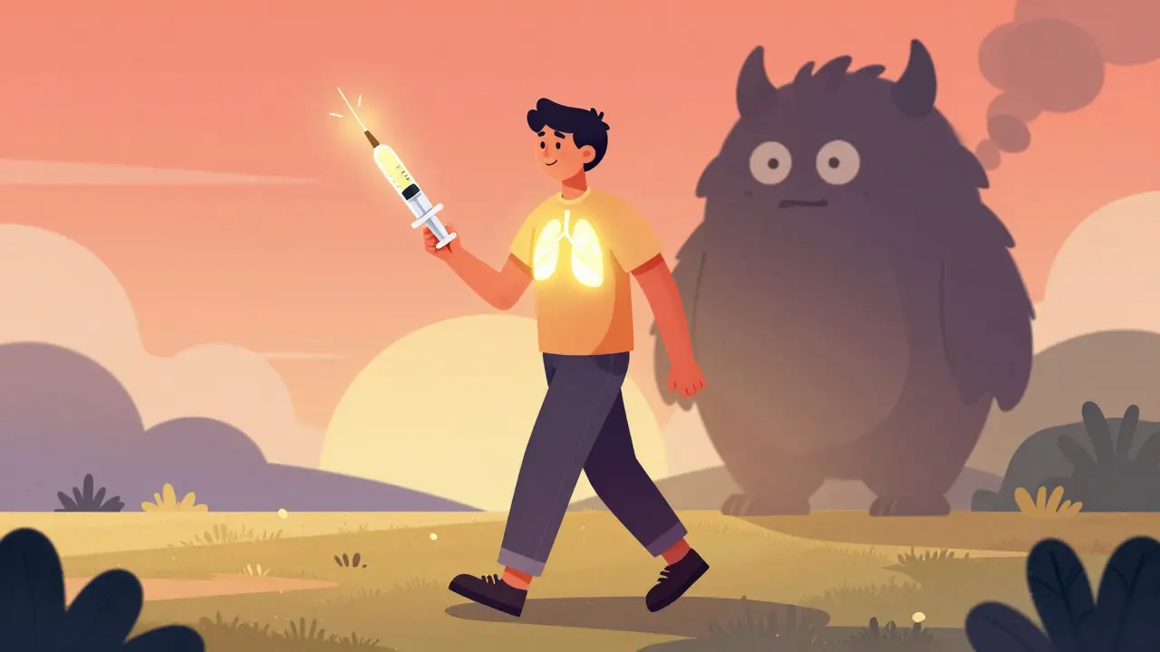 En person får en AAT-injeksjon hjemme mens de går i parken, med lysende lunger og et forsvinnende røykmonster.