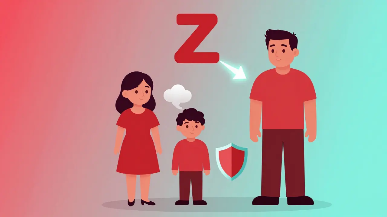 En slektstre med røde Z-mutasjoner som arves fra foreldre til barn, med røyk og skjold som symboler.