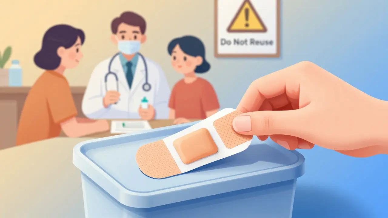 Foldet fentanyl-plass i sikker avfallskass, med lege og familie i bakgrunnen.