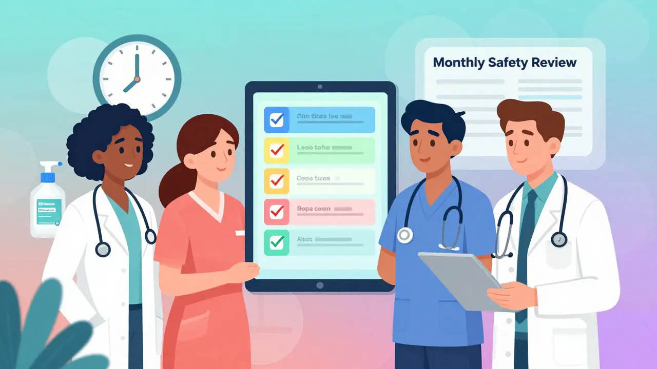Helsepersonell samarbeider med en digital liste over sikkerhetsprosedyrer, mens en desinfiseringsflaske står ved siden av dispenseringsskapet.