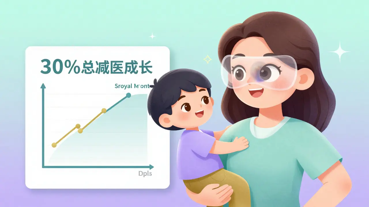 Kvinne bærer barnet mens øyet er beskyttet av en skjerm.