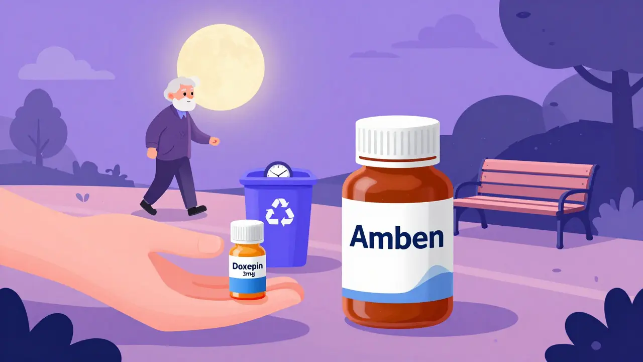 Lav dose doxepin holdes opp mot Ambien som kastes bort, i gradientstil.