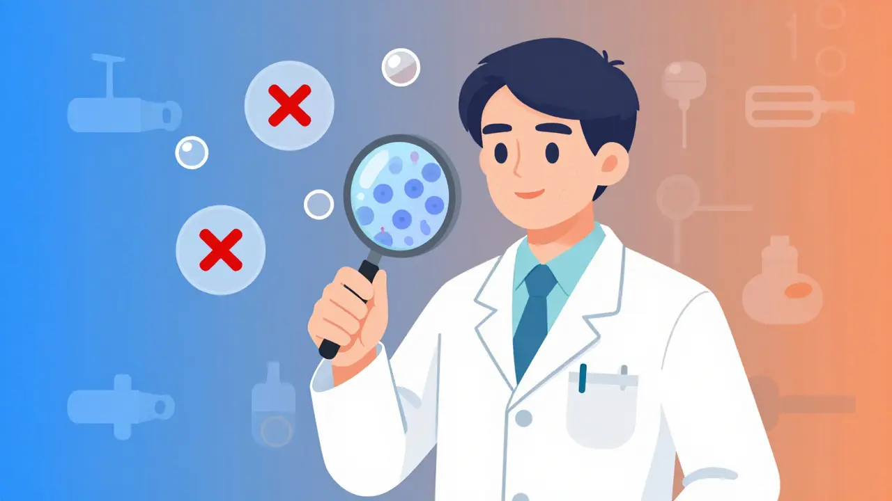 Lege ser på hudprøve med mikroskop, med legemidler som utløser AGEP i bakgrunnen.