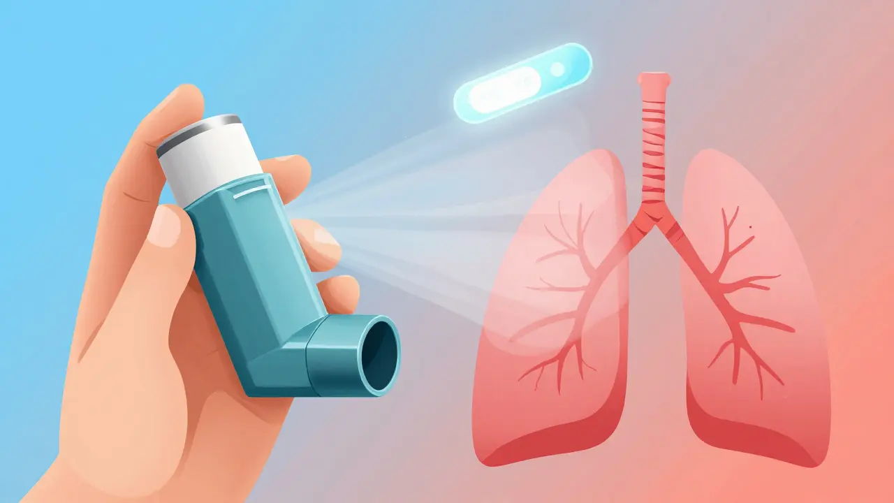MDI-inhalator med spacer som sender medisin direkte til lungene, med tidtaker for å holde pusten.