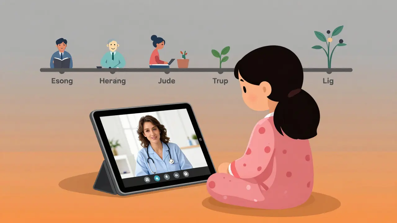 Mor og datter deltar i videomøte med terapeut, digital skjerm viser samtale.