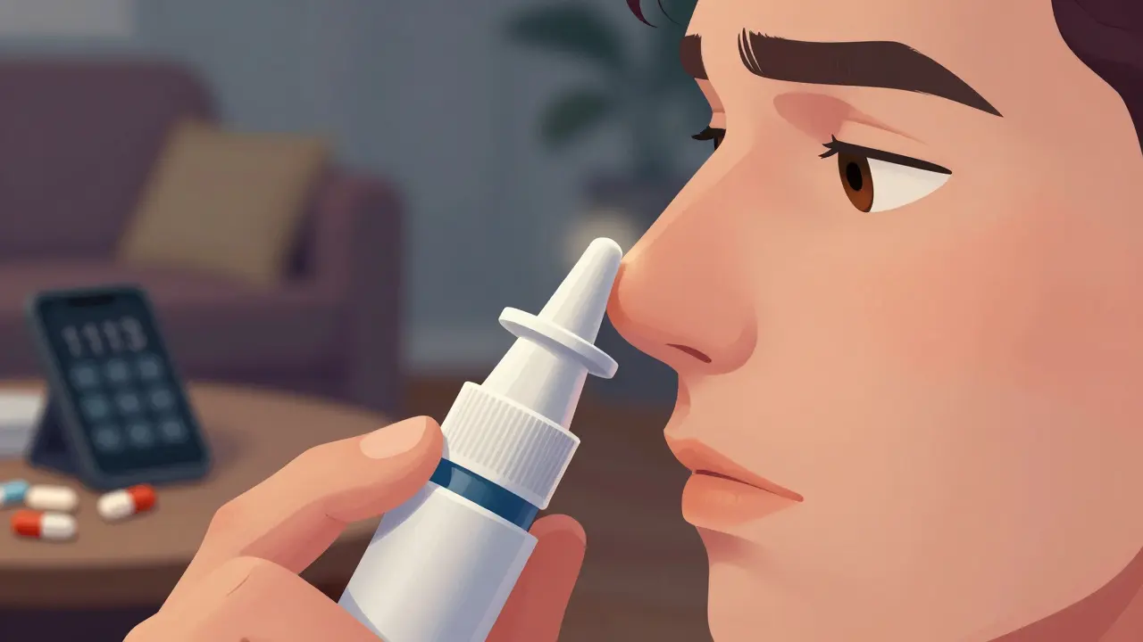 Nærbild av naloxon-sprøyte som trykkes inn i nesebor under overdose.