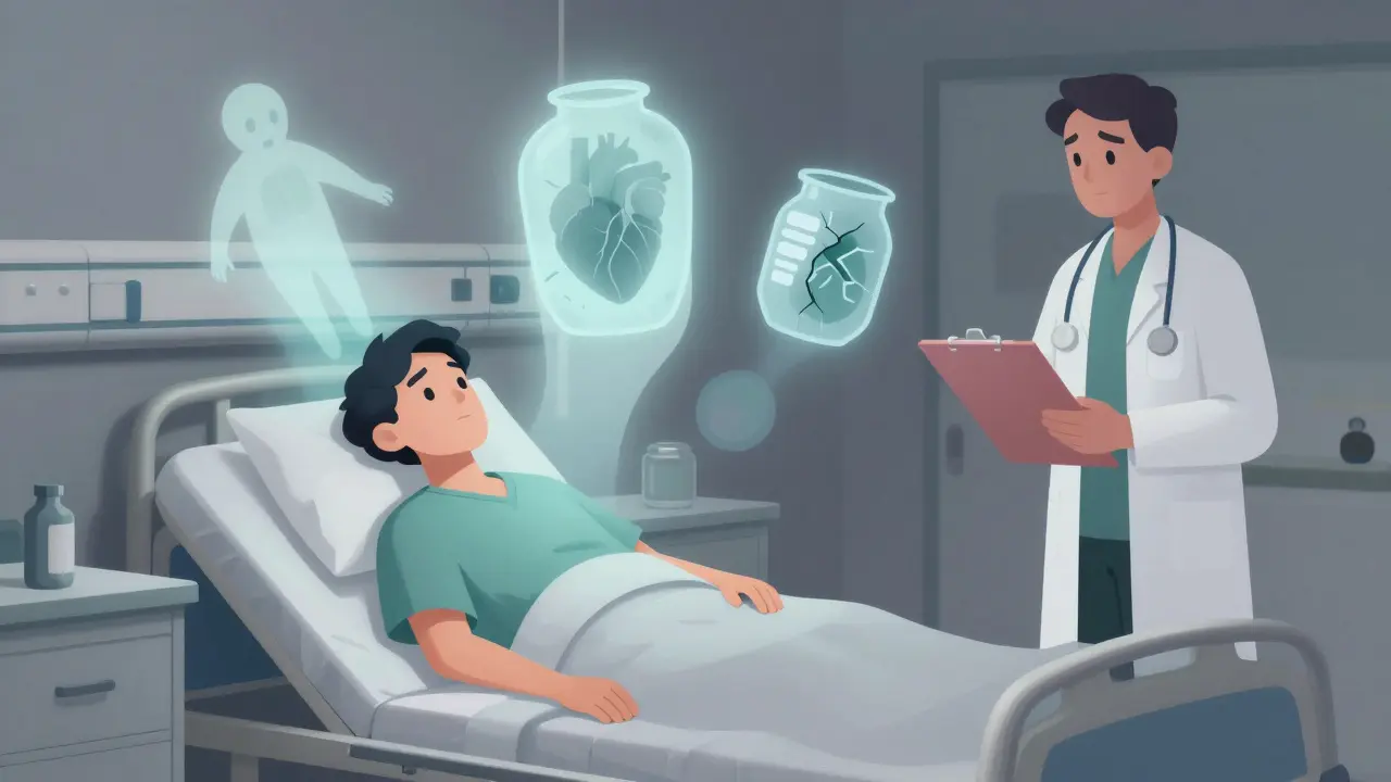 Pasient i sykehusrom med gjenstander som representerer langvarige effekter av overdose, omgitt av stillhet og neglisjering.